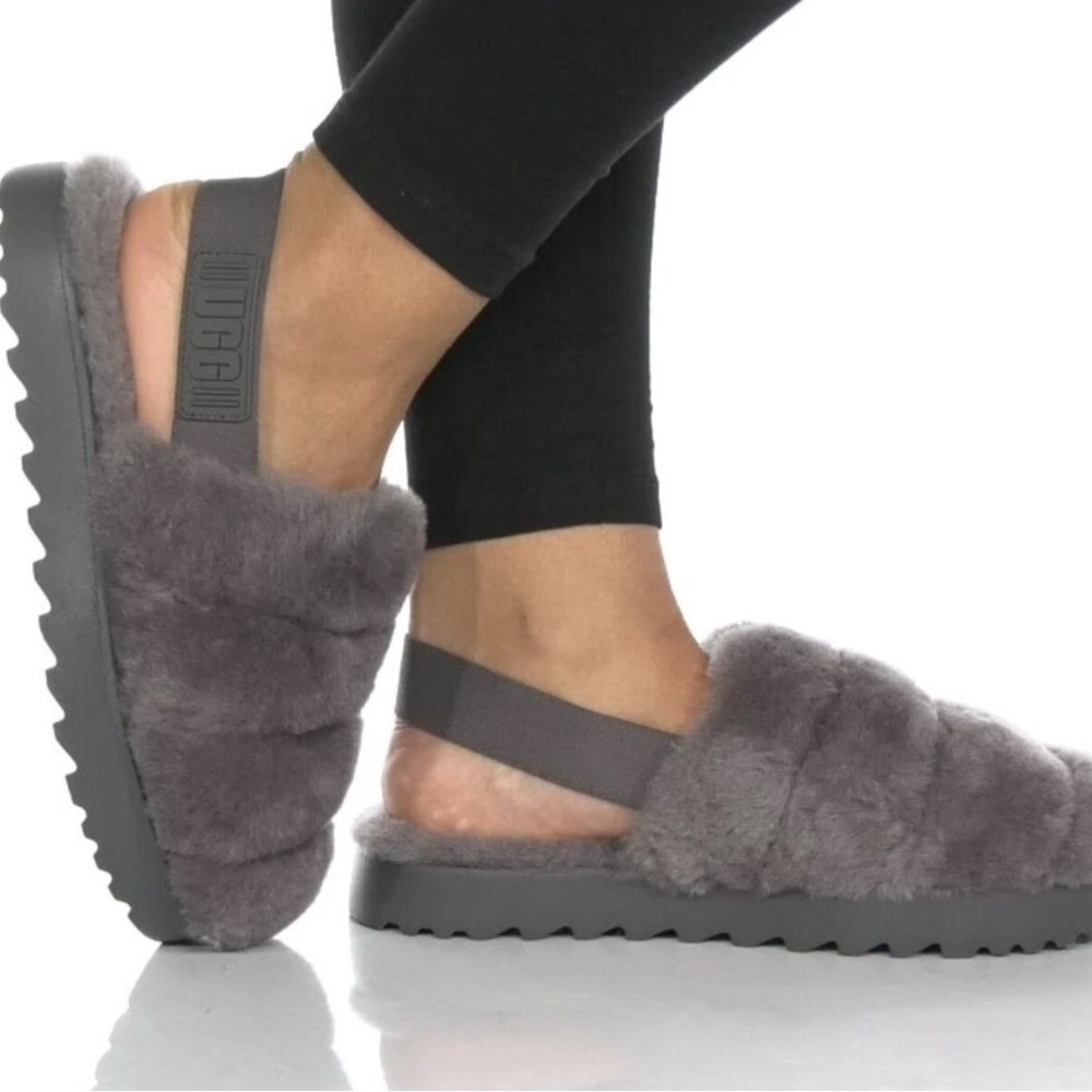 UGG Super Fluff Genuine Sheepskin Fur Gray Slippers Slides Sandals Cozy Warm